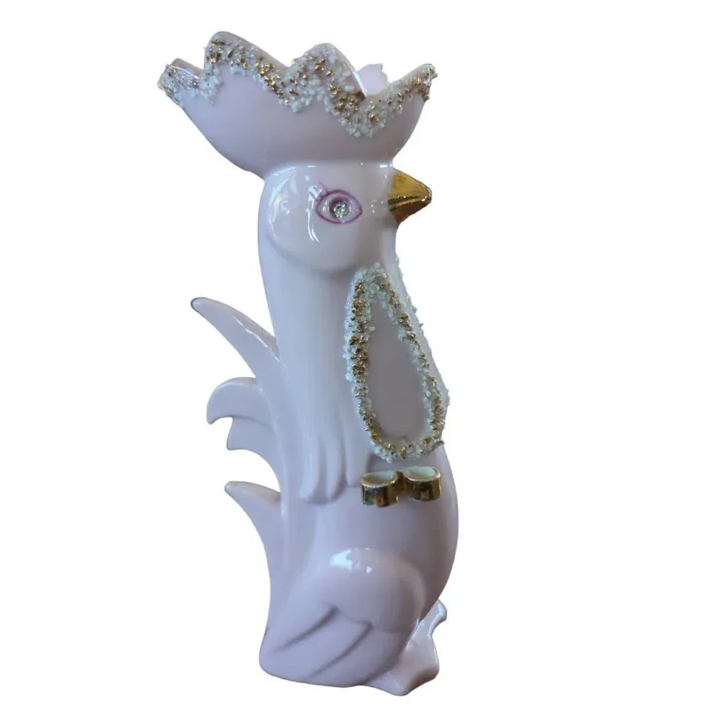 Vintage 1950's Hand Painted Rooster Decorative Vase Light Lavender Sparkle MCM